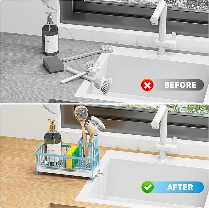 Cisily Blue Sponge Holder for Kitchen Sink, Sink Caddy Organizer with High Brush Holder, Kitchen Countertop Organizers and Storage Essentials, Rustproof 304 Stainless Steel, Soap Dispenser Organizer