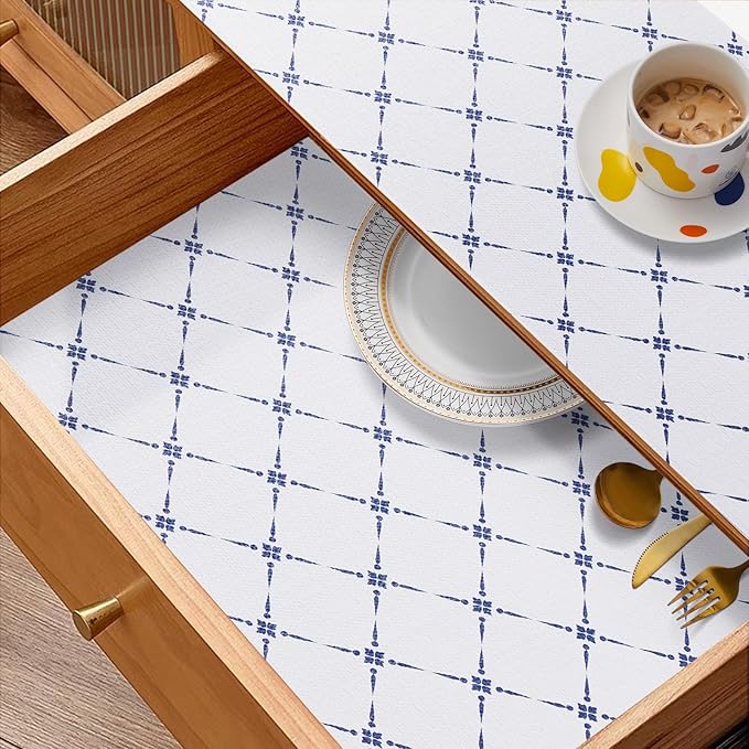 Drawer and Shelf Liner, Non-Slip Kitchen Cabinet Liners Non-Adhesive Thick Strong Grip Waterproof Washable Mats Protect Dresser Shelves Cupboard Bathroom Cabinets, Blue Stripe, 12 in X 30 FT