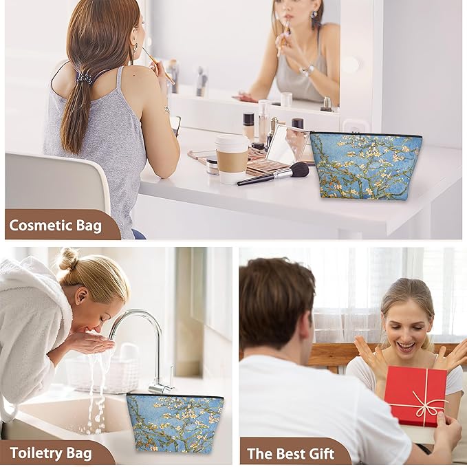 Blossoming Almond Tree Cosmetic Bag Flower Makeup Bags,Travel Make up Bags for Women Girls Cute Zipper Pouch Toiletry Organizer Bag Travel Essentials