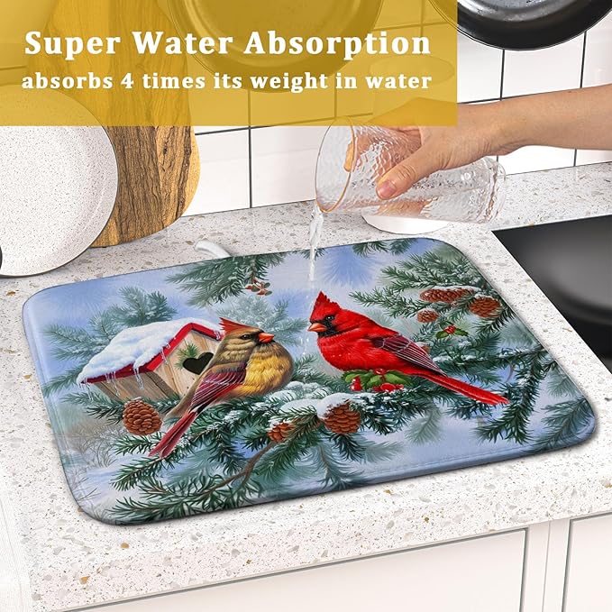 Winter Red Cardinal Bird Dish Drying Mat for Kitchen Counter,Holly Berry Branches Xmas Snowflake Cabin Drying Mat 16 x 18 Inch with High Absorbent Microfiber Drainer Mat for Coffee Bar
