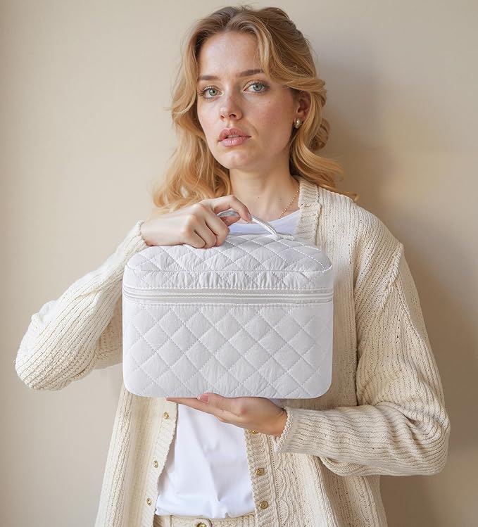 HBselect Quilted Makeup Bag, 3PCS Cotton Large Travel Makeup Bag, Cute Floral Coquette Make up Bag Cosmetic Bag Toiletry Bag for Women Girls