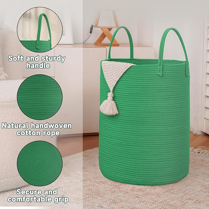 Large Woven Laundry Basket Hamper, 60L Cotton Rope Storage Bin for Blankets, Toys, and Clothes, Decorative Tall Nursery Hamper for Living Room, Baby Nursery, Bathroom, and Bedroom, Dark Green