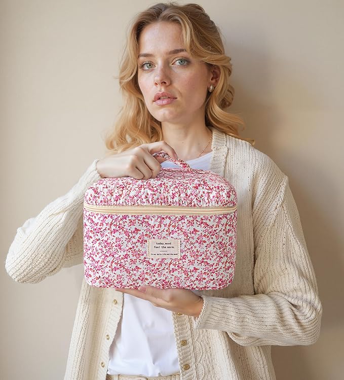 HBselect Quilted Makeup Bag, 3PCS Cotton Large Travel Makeup Bag, Cute Floral Coquette Make up Bag Cosmetic Bag Toiletry Bag for Women Girls