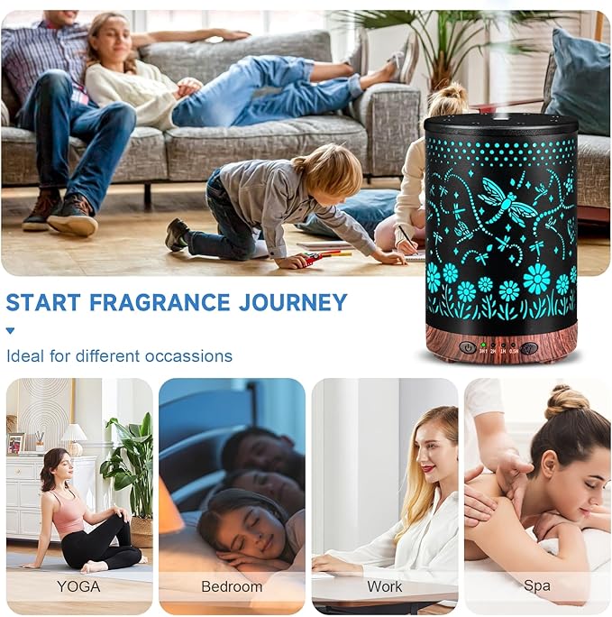 Essential Oil Diffuser 120ML Metal Aromatherapy Diffuser, Cool Mist Humidifier with Auto Shut-Off Protection 7 Color Lights for Home Office Spa (Dragonfly)