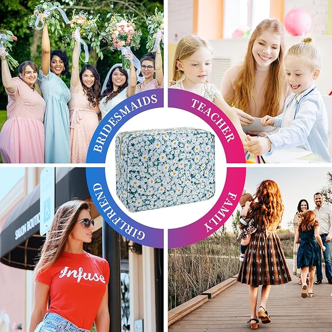 Waterproof Nylon Large Makeup Bag Travel Pouch, Floral Preppy Big Cosmetic Bag Make Up Organizer Toiletry Bag with Zipper, Large Capacity Cute Zipper Pouch Storage Bag for Women Girls(Green Daisy)