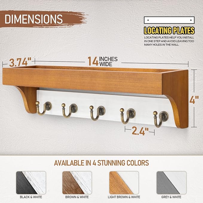 Rebee Vision Key and Mail Holder for Wall with Shelf - Farmhouse House Decor with 5 Rustic Keys Hooks and Decorative Mail Organizer Wall Mount - Decorative Apartment Essentials (Light Brown & White)