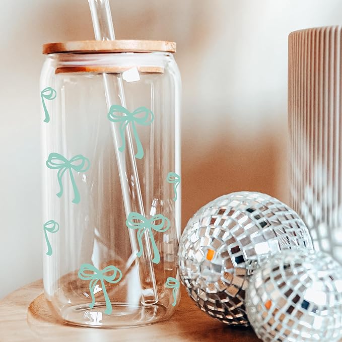 BIPEDS Coquette Cute Sage Green Bow Glass Cups with Lids and Straws, Aesthetic Iced Coffee Cup Girly Preppy Tumbler Mug, Christmas Valentines Birthday Gifts for Women, Teen Girl Gifts Trendy Stuff