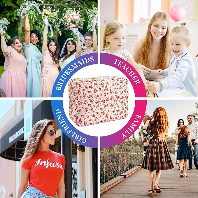 Waterproof Nylon Large Makeup Bag Travel Pouch, Floral Preppy Big Cosmetic Bag Make Up Organizer Toiletry Bag with Zipper, Large Capacity Cute Zipper Pouch Storage Bag for Women Girls(Orange Flower)