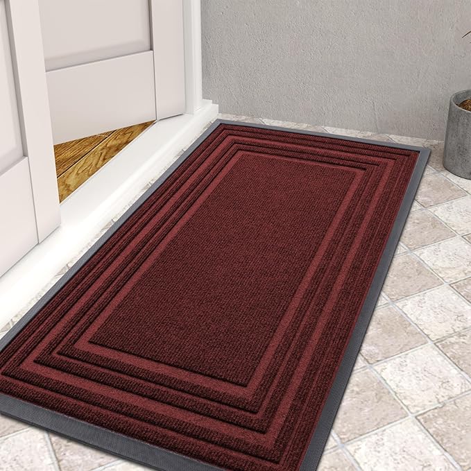 Buganda Front Door Mat Indoor Outdoor Entrance, Non-Slip Natural Rubber Doormats, Easy Clean, Low Profile, Dirt Trapper Entryway Floor Mats for Outside, Garages and Patios, 29.5x17, Wine Red