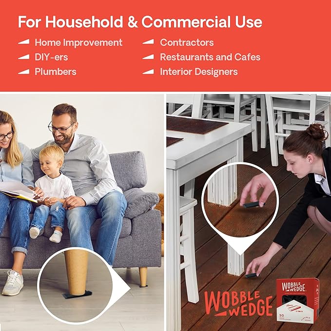 Wobble Wedges Flexible Plastic Shims, 30 Pack - Made in USA - Multi-Purpose Shim Wedges for Home Improvement & Work - Plastic Wedge, Table Shims for Leveling, Toilet & Furniture Levelers - Black