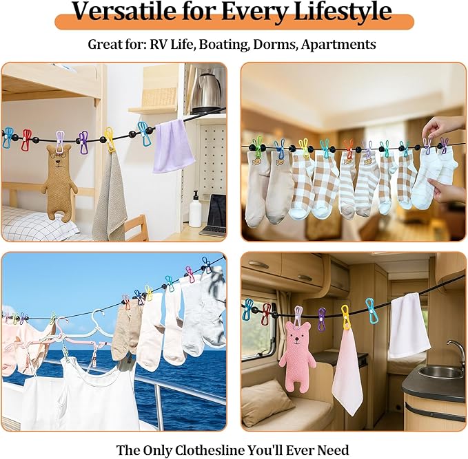 Travel Clothesline Retractable Portable Clothesline with 12 Clips Portable Elastic Camping Clothes Line with Anti-Slip Beads & Stainless Hooks for Hotel, RV, Boat, Outdoor Use (1 Pack)