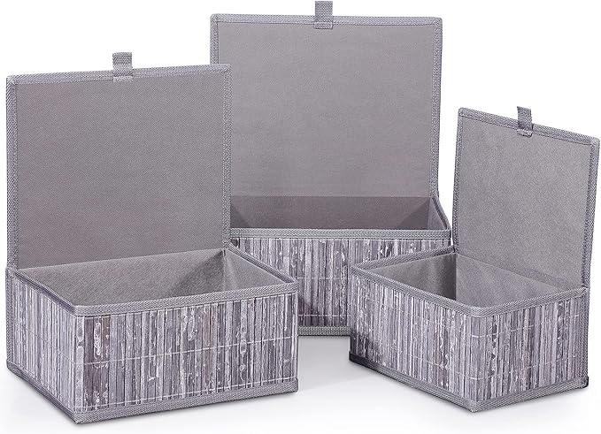 Honygebia Bamboo Decorative Storage Boxes - Set of 3 Woven Lined Storage Basket with Lids, Grey Marble Wicker Lidded Baskets for Home Kitchen Shelf Organizer Decor