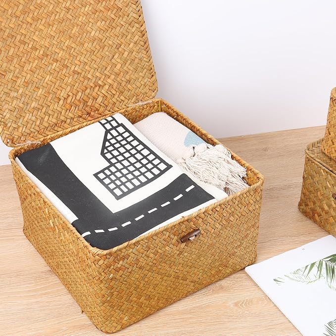 Wicker Shelf Baskets with Lid, Handwoven Seagrass Storage Basket Bins Square Gift Boxes for Shelves Home Decor Organizer (Natural, Set of 4)