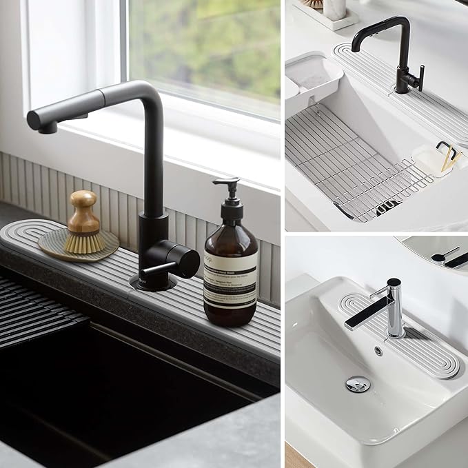 Stone Faucet Mat for Kitchen Sink โ Diatomite Fast-Drying Stone Tray, Faucet Mat Sink Splash Guard, Decorative Sink Protector for Kitchen Bathroom Counter (Light Grey, 20''x3.9'')