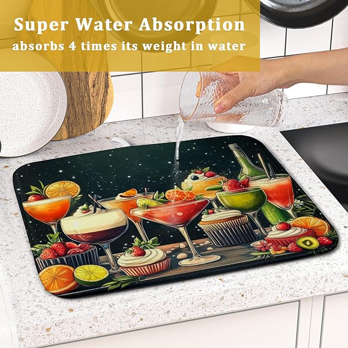 Wine Glass Dish Drying Mat - Summer Party Absorbent Microfiber Kitchen Drying Pad 16 X 18 Inch
