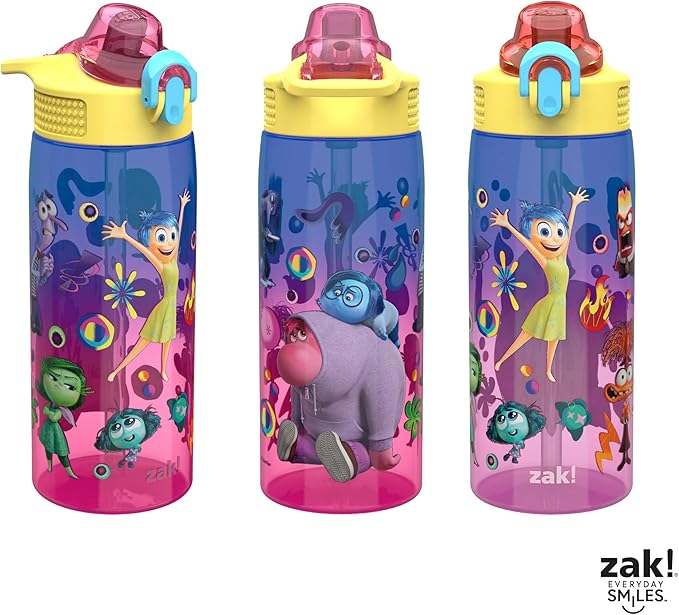 Zak Designs Disney and Pixar Inside Out 2 Sage Water Bottle For School or Travel, 25oz Durable Plastic Water Bottle With Straw, Handle, and Leak-Proof, Pop-Up Spout Cover (Emotions)