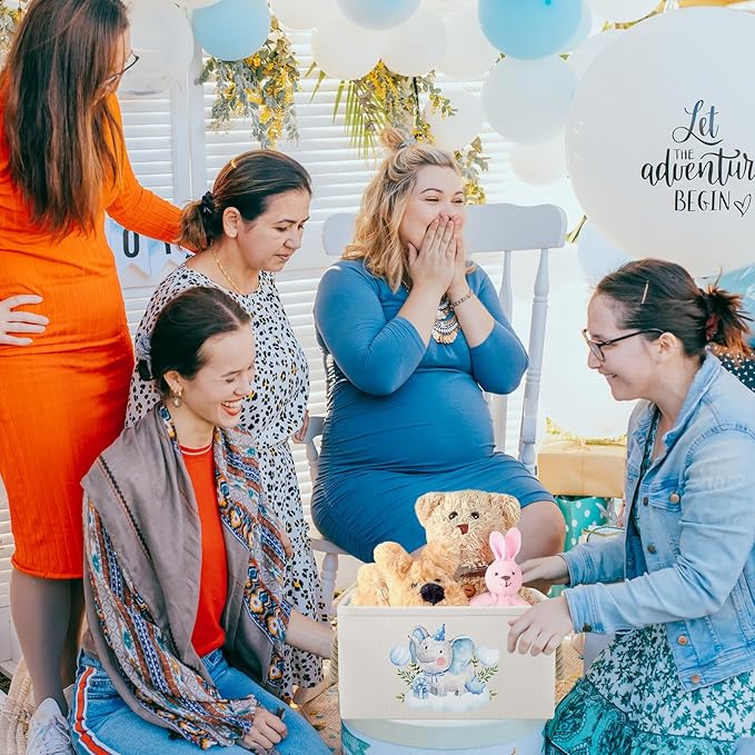 Pickmesh Baby Shower Storage Basket with Gift Bags Rectangular Ribbons Collapsible Canvas Storage Bin with Handles for Diaper Organizing Toy Home DIY Gift Basket, 13 x 9. 1 x 7. 1 Inch(Blue Elephant)