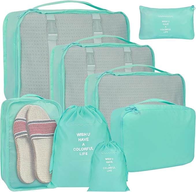 8 Set Packing Cubes for Suitcases, kingdalux Blue Travel Luggage Packing Organizers with Laundry Bag, Compression Storage Shoe Bag, Clothing Underwear Bag, for Women & Men