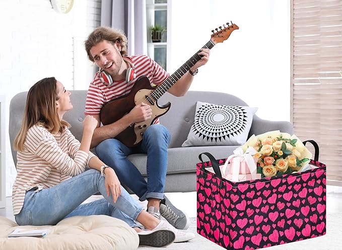KUNRO Rectang Heart Pattern Vantine's Storage Basket Gift Shelf Basket Storage Bin, Nursery Basket Organizer Box for With Handles for Room Deco