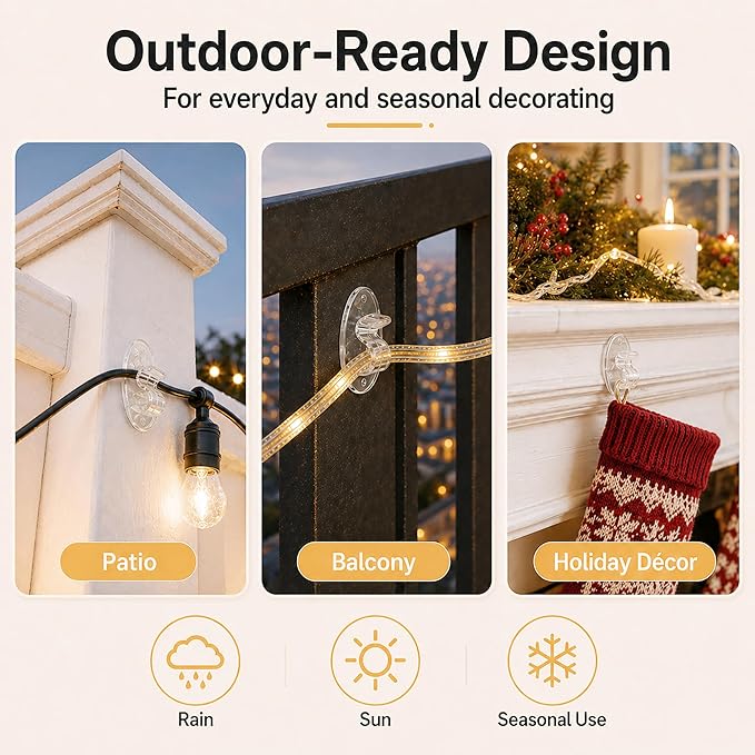 Hooks Lights Clips Outdoor String - 3X Stronger Adhesion 40Pcs Clear Heavy Duty Hangers Waterproof Adhesive - Sticky Removable 0 Residue No Drill Indoor Garage - for Patio Fence Gutters Wall Christmas