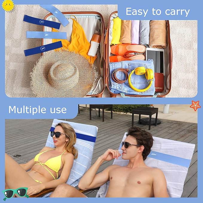 Towel Bands (6 Pack) - Stretch Beach Towel Clips for Beach Cruise Pool Chairs, Lounge Towel Holder Elastic, Cruise Ship Essentials (Blue & Sky Blue)