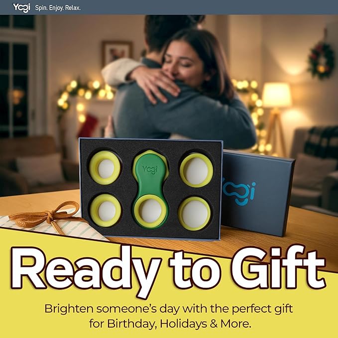 Yogi Fidget Toy – Silent Sensory Spinner for Adults & Kids – Stress Relief Fidgets for ADHD, Anxiety – Fidget Toys for Adults – Includes 5 Finger-Fit Rings – Work, School & Travel – Lime