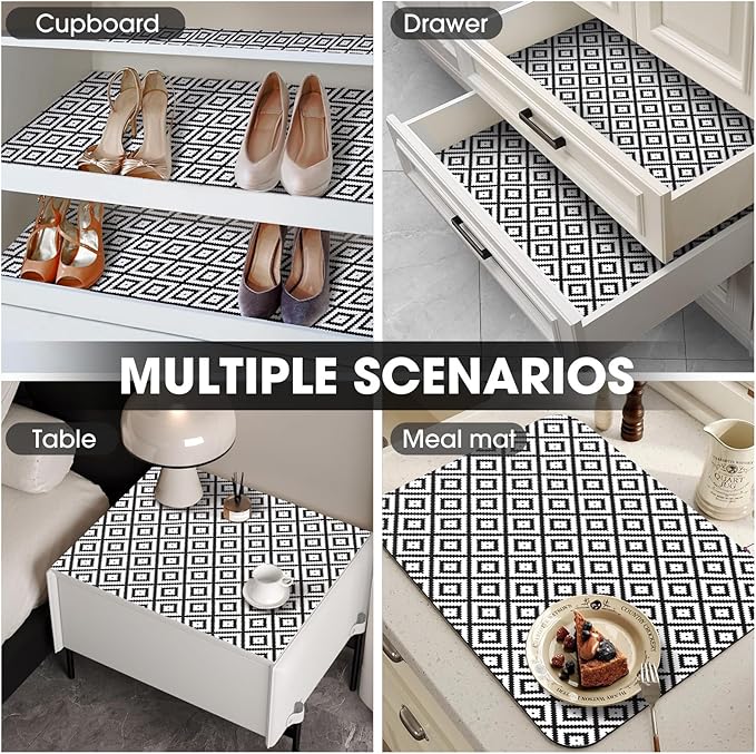 Drawer and Shelf Liner, Non-Slip Kitchen Cabinet Liners Non-Adhesive Thick Strong Grip Waterproof Washable Mats Protect Dresser Shelves Cupboard Bathroom Cabinets, Black & White, 18 in X 30 FT