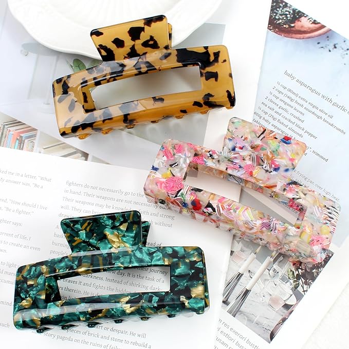 3PCS Large Hair Clips for Thick Hair, Cellulose Acetate Rectangle Claw Clips with Strong Hold, Non-Slip Hair Clips for Women, Stylish Hair Accessories (Tortoise Shell Leopard)