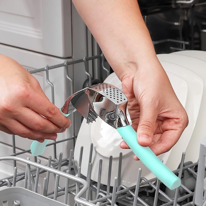 Zulay Kitchen Comfort Grip Garlic Press - Garlic Mincer Tool - Garlic Crusher - Garlic Press Mincer Rust Proof, with Soft Ergonomic Handle, Easy Clean Set with Peeler and Brush - Light Blue