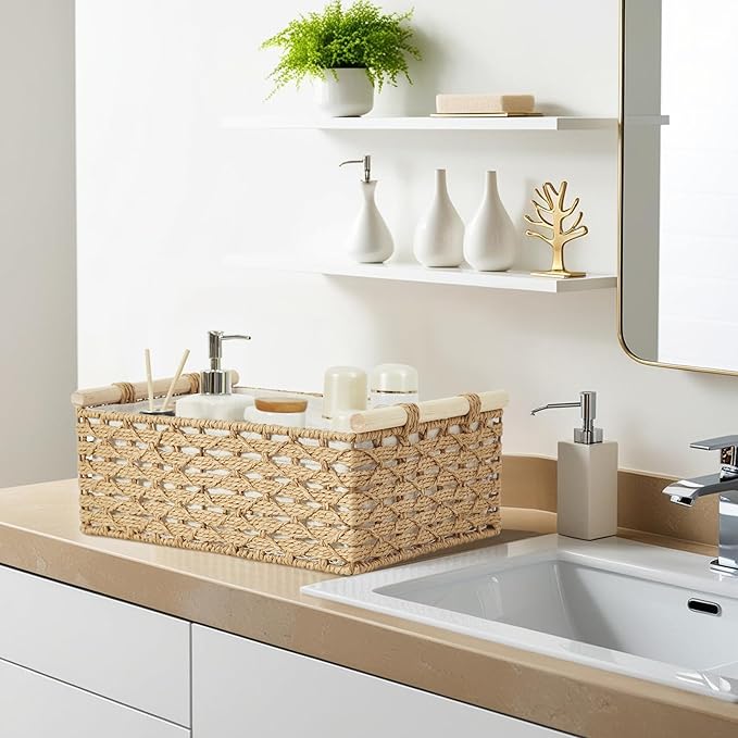 DECOMOMO Wicker Storage Basket, Back of Toilet Basket, Bathroom Organizer, Toilet Tank Tray, Countertop, Home Decor (Beige, Set of 2)