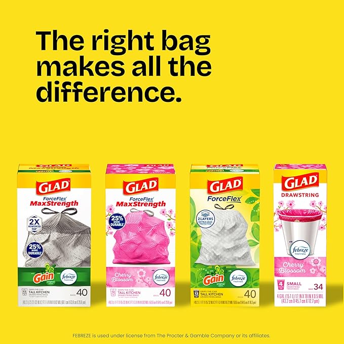 Glad ForceFlex Tall Kitchen Drawstring Trash Bags, 13 Gal, Fragrance Free, 40 Ct (Package May Vary)