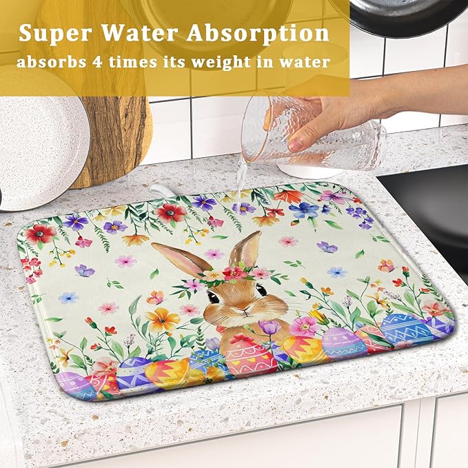 Giwawa Easter Rabbit Dish Drying Mat Spring Flower Dish Drainer Rack Mats 16x18 inch Absorbent Microfiber Fast Dry Pad Kitchen Counter Accessories