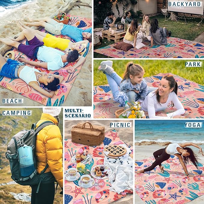 Famstar Beach Blanket Sandproof Waterproof 78''×81''1-5 Adults Oversized,Compact Lightweight Durable Beach Mat for Travel Camping Hiking Picnic Blanket