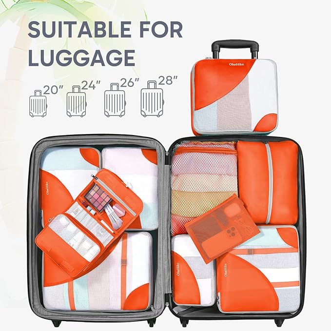 ALL INCLUDED 10 Set Durable Packing Cubes for Travel,Gifts for Women Mom Men,Luggage & Suitcase Organizers with Toiletry Bag,Vacation Essentials for Cruise & Plane,Beach Accessories (Orange)