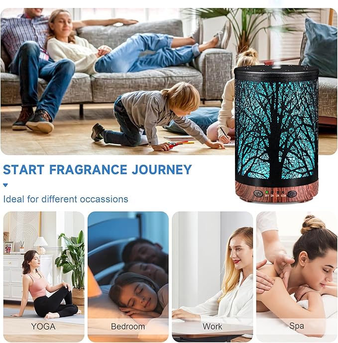 Essential Oil Diffuser 120ML Metal Aromatherapy Diffuser, Cool Mist Humidifier with Auto Shut-Off Protection 7 Color Lights for Home Office Spa (Tree)