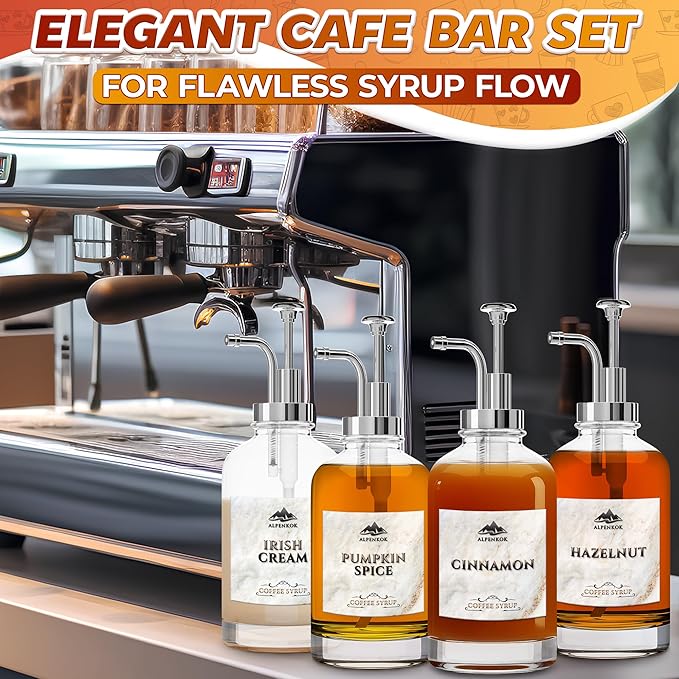 Set of 4 Glass Syrup Bottle with Pump 16.9oz 500 ml – Thick Glass Syrup Dispenser with 18 Marked Labels, Leak-Proof, Easy Cleaning – Coffee Bar Essentials for Home | Event Ready (Silver Pumps)