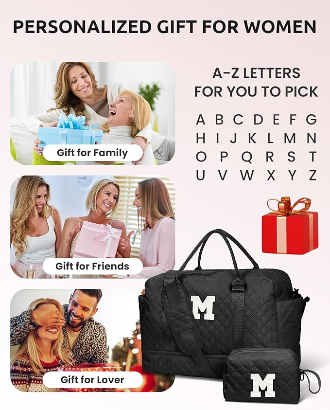 Birthday Gifts for Women - Initial Duffle Bag with Shoe Compartment, Personalized Weekender Bag, Monogram Overnight Bag, Letter Travel Bag with Makeup Bag, Friend Wife Birthday Gift (Letter C)