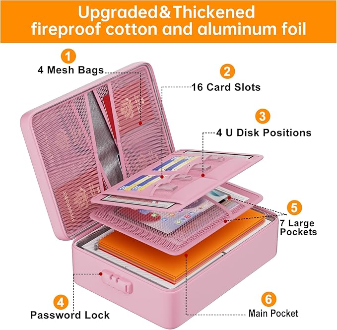DocSafe 5200°F Document Organizer with Lock,Upgraded Heat Insulated Fireproof&Waterproof Box 8 Layers File Organizer,Portable Home Travel Safe Storage for Important Documents, Files,Pink (Soft)