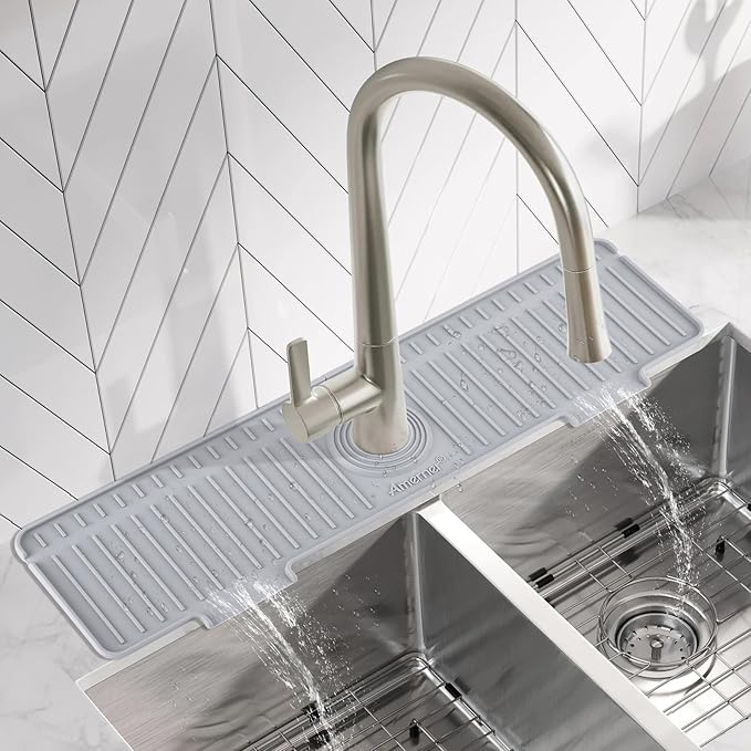 20 inch Kitchen Sink Splash Guard, 10° Large Slope & Adaptable Hole Faucet Mat for Kitchen Sink, Silicone Sink Organizer Sponge Holder for Kitchen, Bathroom, RV, Bar, 20” x 5.5”, Gray
