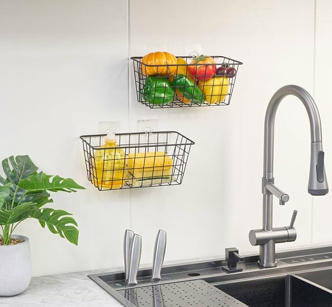 2 Pack Hanging Storage Basket, Bathroom Basket, Household Goods, with Traceless Tape, no Drilling, for Cabinet Storage, Kitchen, Bathroom, Storage Room,Black