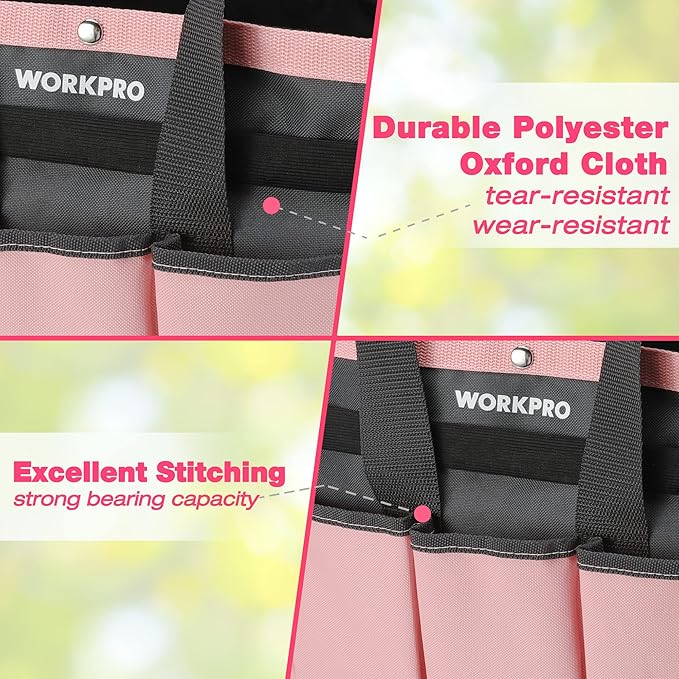 WORKPRO Garden Bag, Garden Tool Tote Storage Bag with 8 Pockets, Home Organizer for Outdoor Gardening Caddy, Garden Tool Kit Holder (Tools NOT Included), Garden Gifts, Pink Ribbon