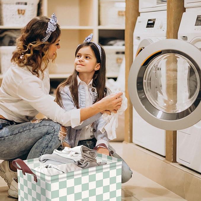 Cyan Checkered Basket Waterproof Canvas Toy Storage Bin Checkered Room Decor Collapsible Outdoor Basket with Leather Handles Cyan Decor Blanket Baskets For Closets,Bedrooms,Gifts Baskets