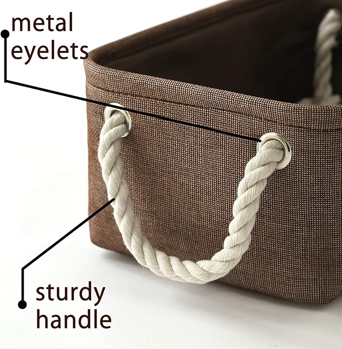 TheWarmHome Small Fabric Canvas Storage Bin with Cotton Rope Handles - Foldable Empty Basket for Gift (Brown-1 Pack, 11.8L7.9W5.2H inch)