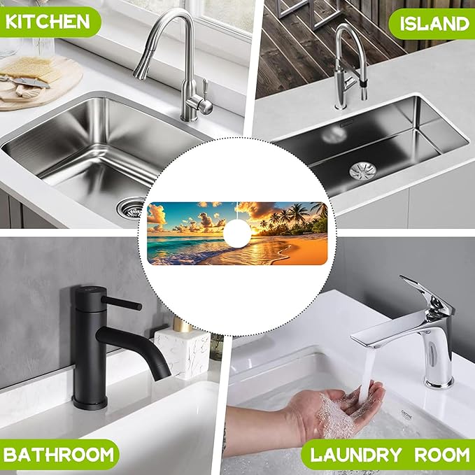 Kitchen Sink Splash Guard Faucet Mat Super Absorbent Fast Drying Mat Guard Behind Faucet Drip Catcher for Kitchen Bathroom (Sunset Beach Waves Palm Trees, 23.5"X5.5")
