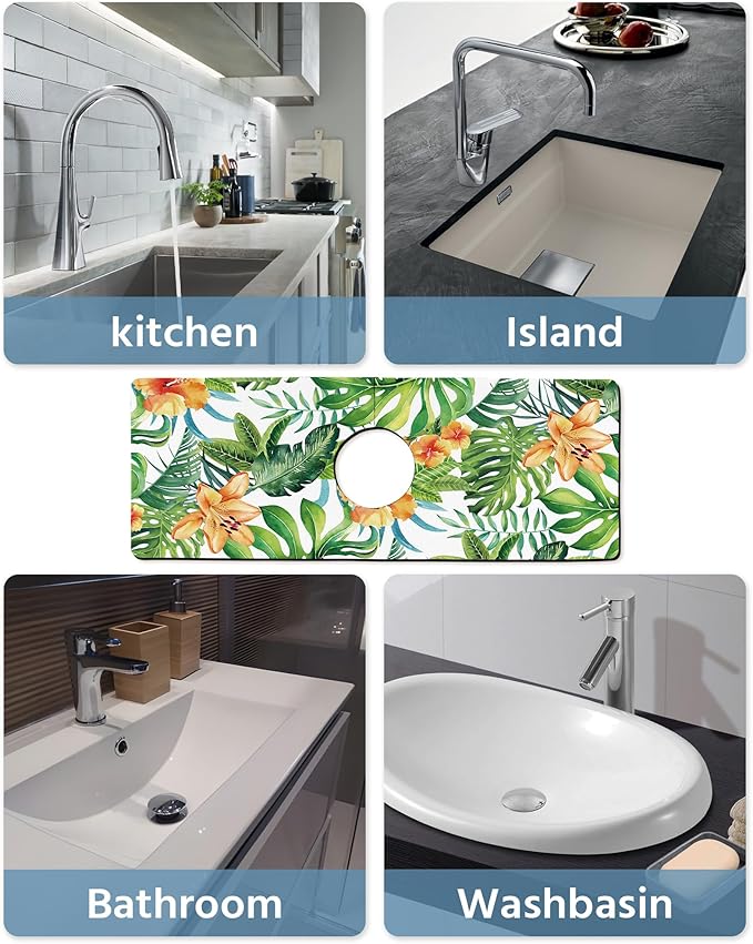 Patterned Sink Faucet Mat Kitchen Splash Guard Super Absorbent Drying Mat, Non-Slip Drain Pad for Kitchen Counter or Bathroom-15x5.5in