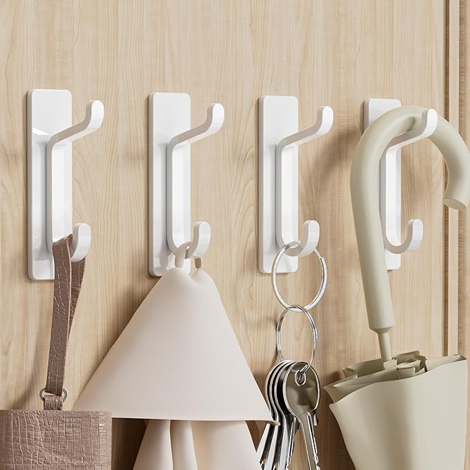 Self Adhesive Wall Hooks for Hanging: Extra Strong 13 LB, Hooks for Coats, Towels in Bathrooms, Showers, Kitchens, Walls, Doors, White, 6 Pack