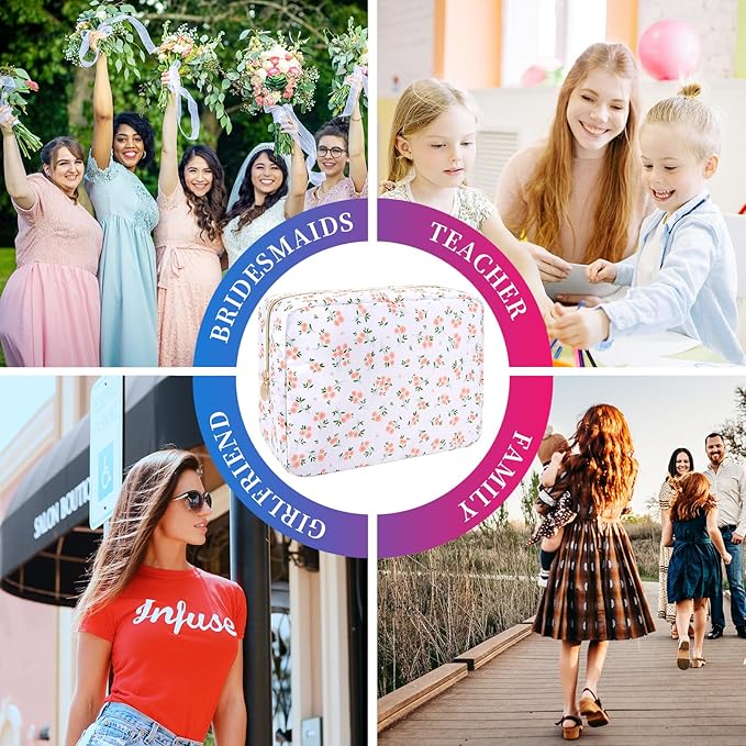 Waterproof Nylon Large Makeup Bag Travel Pouch, Floral Preppy Big Cosmetic Bag Make Up Organizer Toiletry Bag with Zipper, Large Capacity Cute Zipper Pouch Storage Bag for Women Girls(Pink Flower)