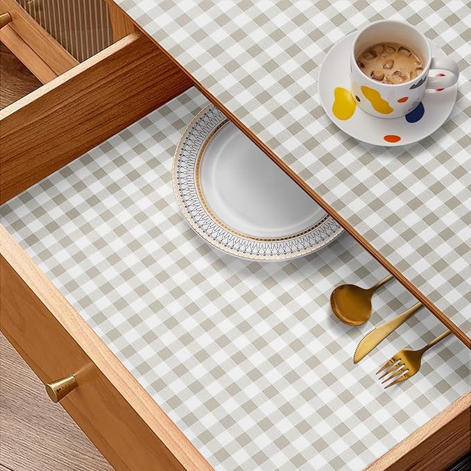 Drawer and Shelf Liner, Non-Slip Kitchen Cabinet Liners Non-Adhesive Thick Strong Grip Waterproof Washable Mats Protect Dresser Shelves Cupboard Bathroom Cabinets, Green Plaid, 12 in X 20 FT