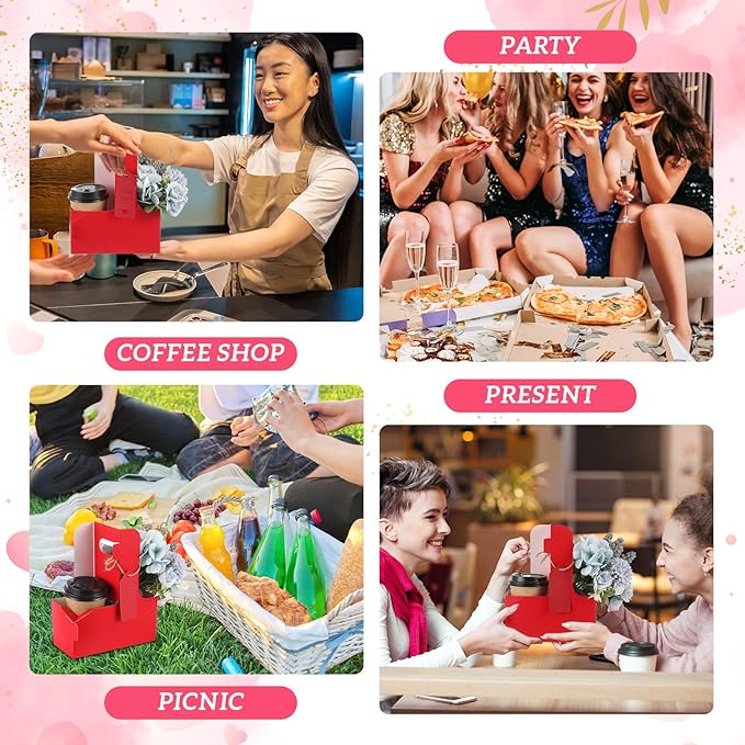 MotiMind 20 Pack Mother's Day 2 Cup Drink Carrier with Handle, Kraft Paperboard Teacher Cup Holder Portable for Hot Cold Drinks, Coffee Carrier Gift with Heart Card Rope (Red)
