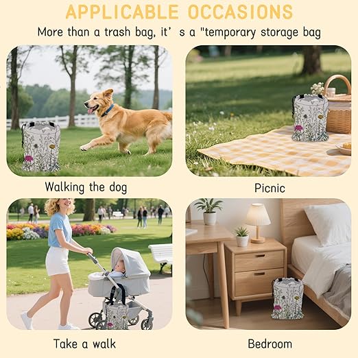 Wild Herb Flower Car Garbage Bag,Vintage Botanical Flowers Small Car Trash Bag Hanging Back of Seat,Drawstring Car Trash Bag with Adjustable Buckle,Car Accessories for Camping Travelling